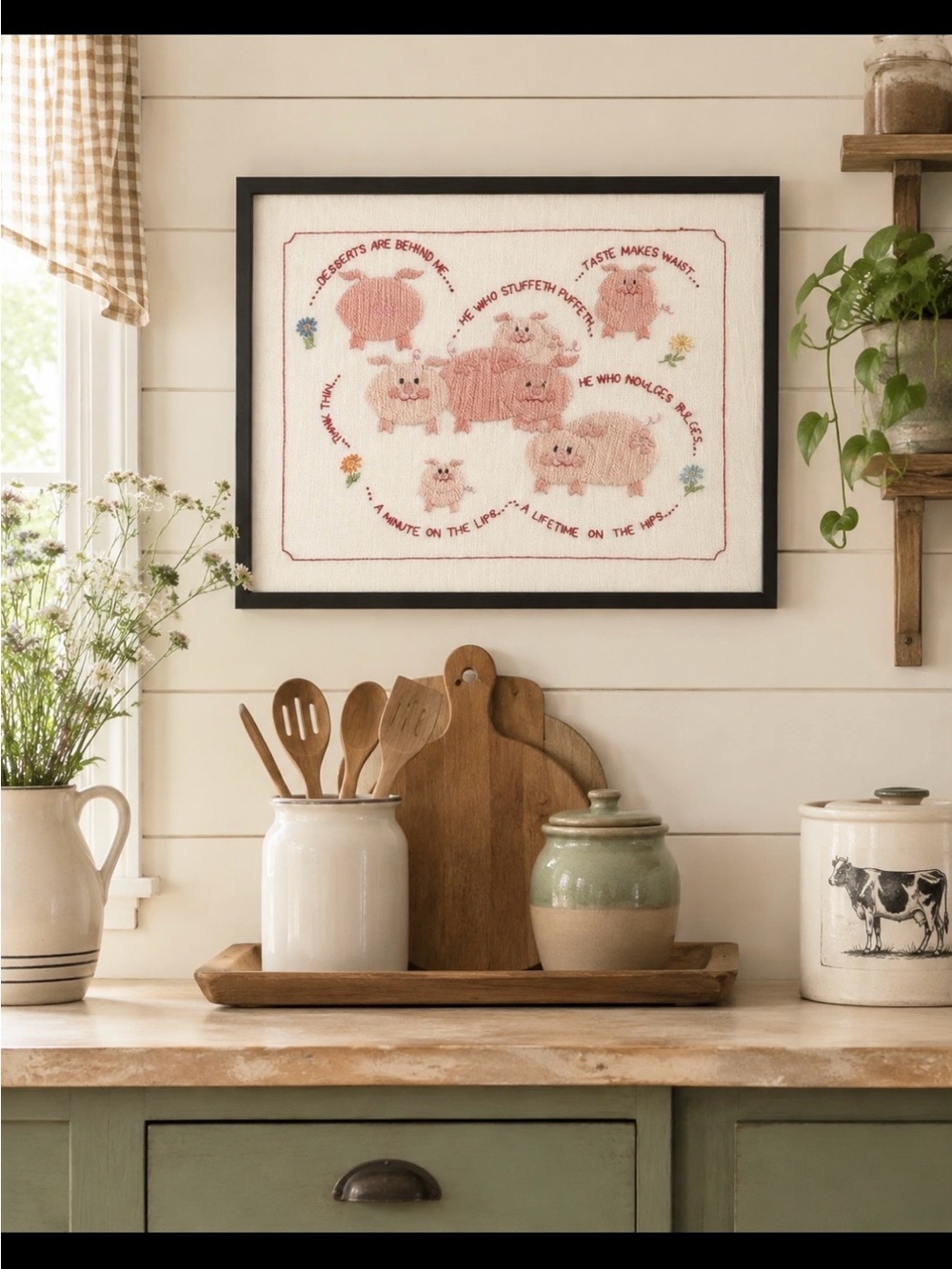Vintage Pig Cross Stitched Picture. Kitchen | Humorous | Kitschy 17”x12.5”
